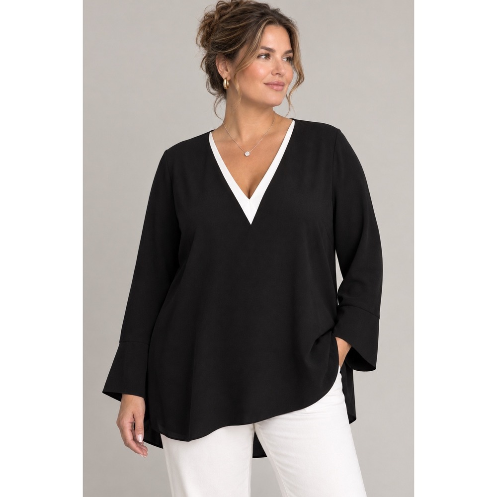 NWT Vince Camuto 3X V-Neck Blouse Rich Black Chic Sophisticated Minimal Office